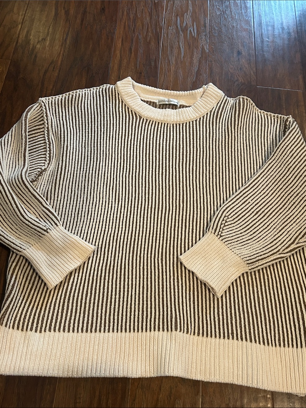 Zenana Outfitters Cream and Brown Striped Crewneck Sweater